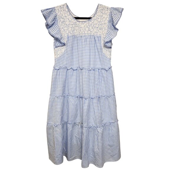 J Marie Blue Gingham Cotton Floral Embroidered Dress Size S - Picture 1 of 10